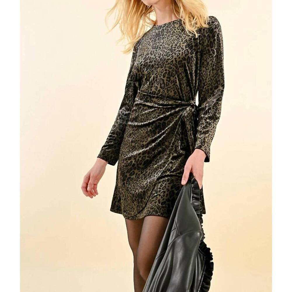 NEW MOLLY BRACKEN women's velvet animal print dress in khaki